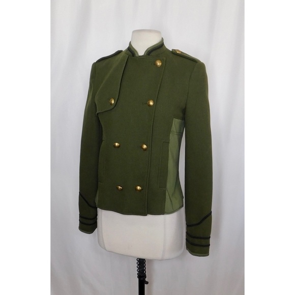 ZARA Green Army Jacket Pea Coat Wool Double Breasted Jacket Military Small - Picture 6 of 16
